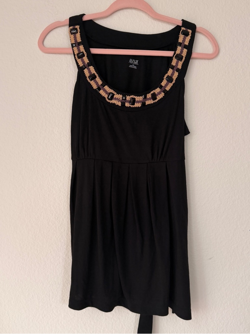 Y2K Babydoll‎ Black Top Statement Beaded Neckline Tie Back Flowy 2000s Size L